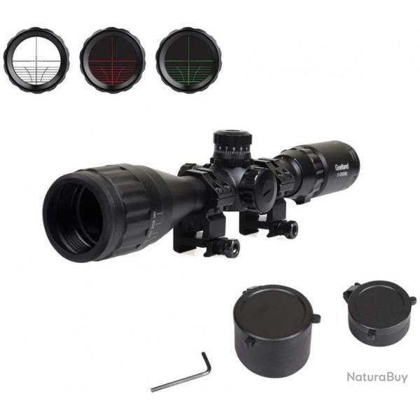 Lunettes de Vis�e Airsoft � R�ticule Illumin� avec Point Vert et Rouge avec Anneaux 3-12x40 AO