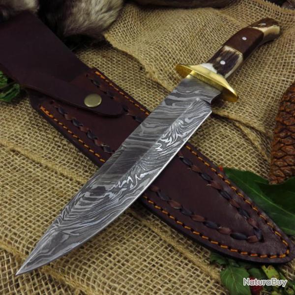 Couteau de Chasse Damas Plainsman Lame Acier 256 Couches Manche bois de Cerf Etui Cuir DM1044
