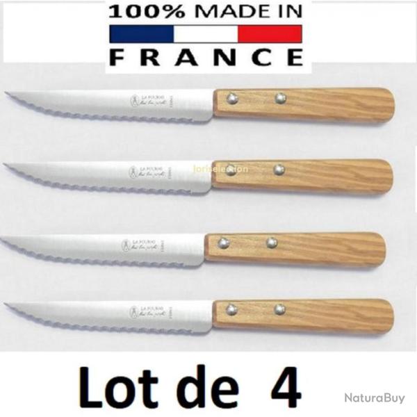 LOT DE 4 COUTEAUX STEAK LAME 10 CM EN INOX , Manche bois OLIVIER LA FOURMI