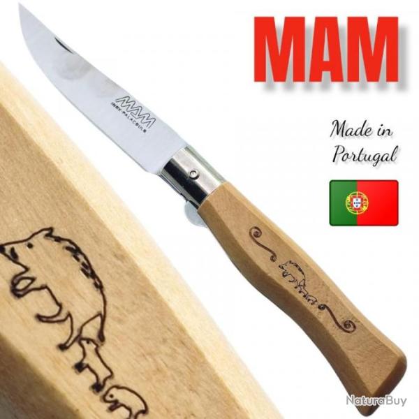 COUTEAU PLIANT MAM PORTUGAL 20CM DOURO BOIS GRAVURE SANGLIER  BLOCAGE LAME CHASSE PECHE PLIANT