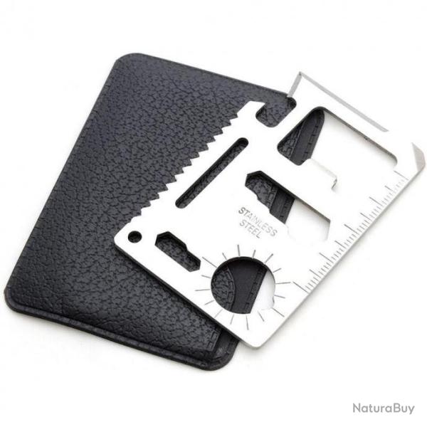 Carte multifonction 15 en 1 avec �tui en cuir - Ouvre-boite, couteau, scie, tournevis, cl�, r�gle...
