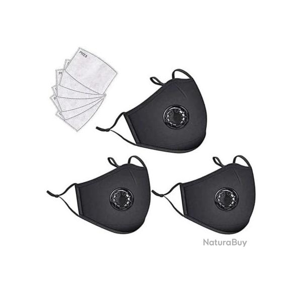 Lot de 3 Masques PM2.5 Noirs avec Valve + 6 Filtres Inclus. Sangles R�glables, Port Confortable