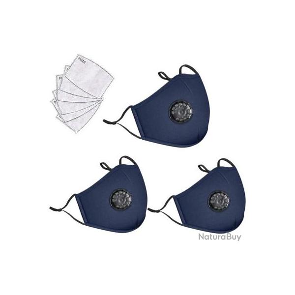 Lot de 3 Masques PM2.5 Bleus avec Valve + 6 Filtres Inclus. Sangles R�glables, Port Confortable