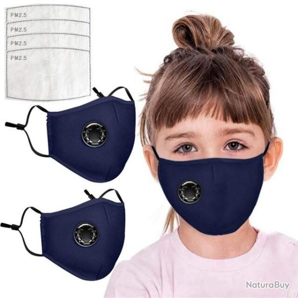 Lot de 2 Masques Enfant PM2.5 Bleus avec Valve + 4 Filtres. Sangles R�glables, Port Confortable