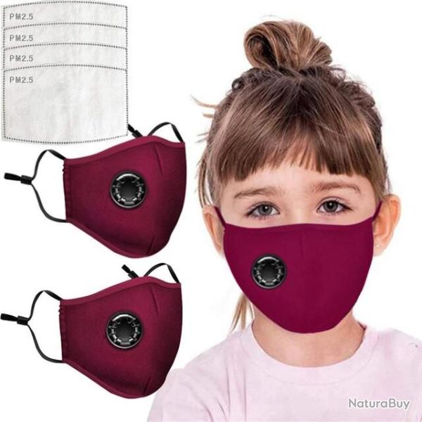 Lot de 2 Masques Enfant PM2.5 Rouges avec Valve + 4 Filtres. Sangles Rglables, Port Confortable