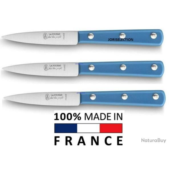 LA FOURMI - 3 COUTEAUX STEAK BLEU LAME 10 CM EN INOX , FABRICATION FRAN�AISE
