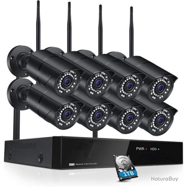 Kit vidosurveillance wifi 2K POE 8CH NVR 8 camras IP HD 1To IP66 - LIVRAISON RAPIDE
