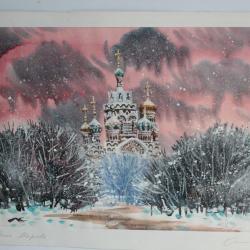 Aquarelle originale Église orthodoxe russe