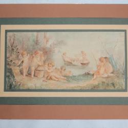 Dessin original Aquarelle Amours à la pêche Putti XIXe siècle
