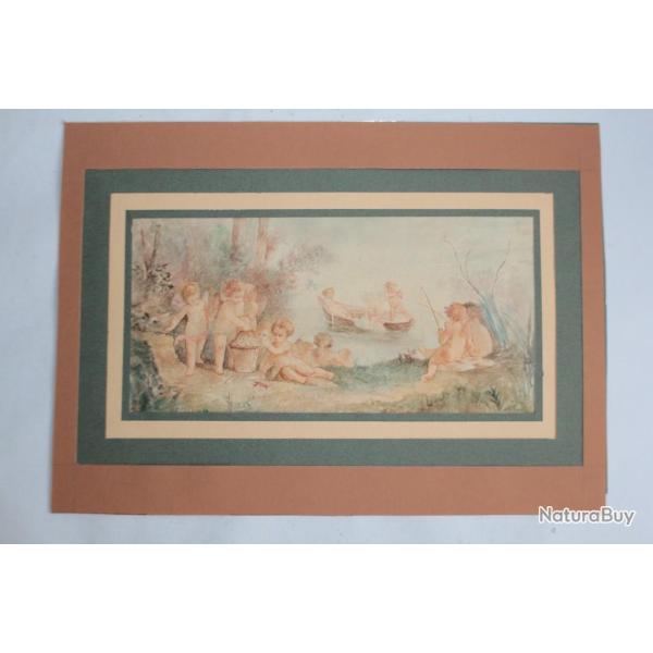 Dessin original Aquarelle Amours  la pche Putti XIXe sicle