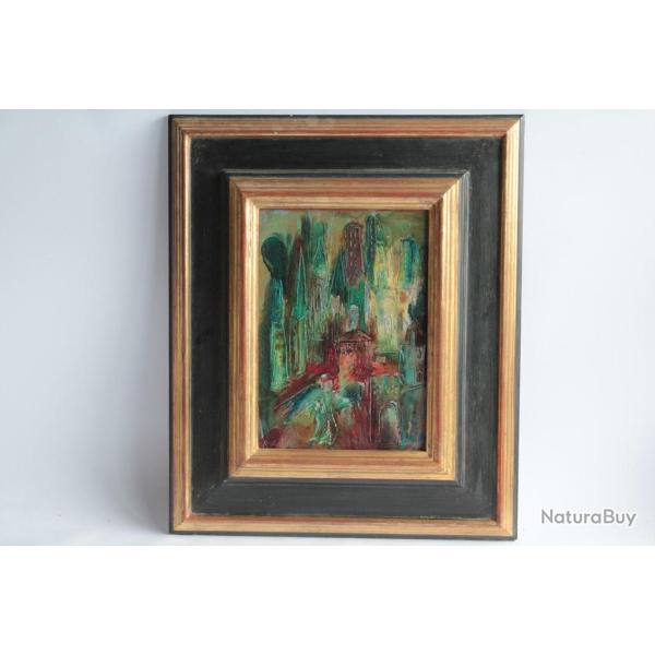 Tableau peinture sur cuivre Rosemonde KRBEC L'ange dans la ville 1969