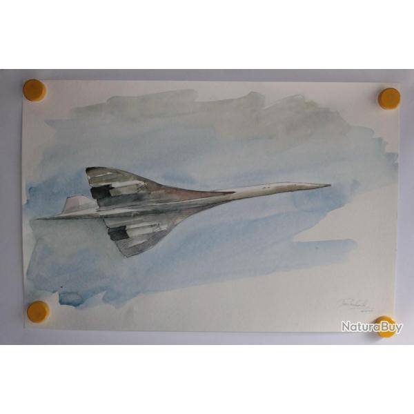 Estampe Avion Concorde en vol Guillaume Durrieu Aquarelle 2003