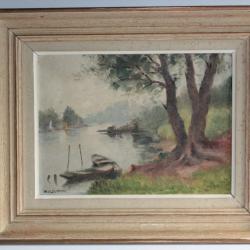 Tableau peinture Maurice FLEURIVAL Bord de rivière animé