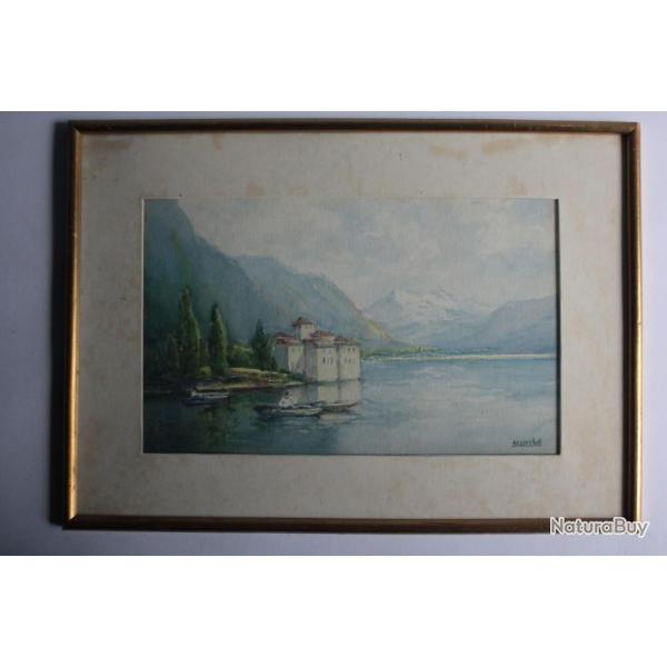 Tableau Aquarelle Isidore ROSENSTOCK Chteau de Chillon