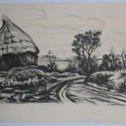Lithographie originale Paysage au toit de chaume René DEMEURISSE
