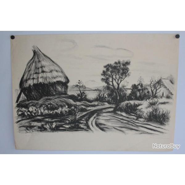 Lithographie originale Paysage au toit de chaume Ren� DEMEURISSE