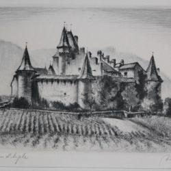 Lithographie originale Heinrich Jakob ZIEGLER Château d'Aigle Suisse