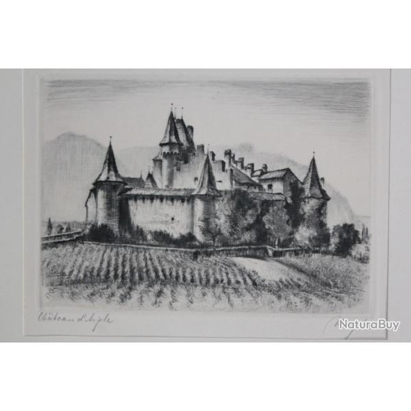 Lithographie originale Heinrich Jakob ZIEGLER Ch�teau d'Aigle Suisse