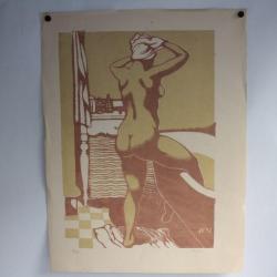 Lithographie originale Henry MEYLAN Femme nue sortant du bain