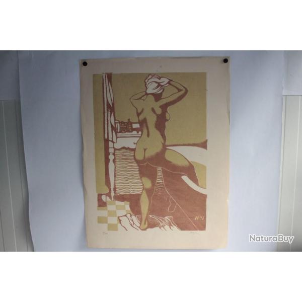 Lithographie originale Henry MEYLAN Femme nue sortant du bain