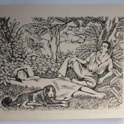 Lithographie originale Henry MEYLAN A la campagne