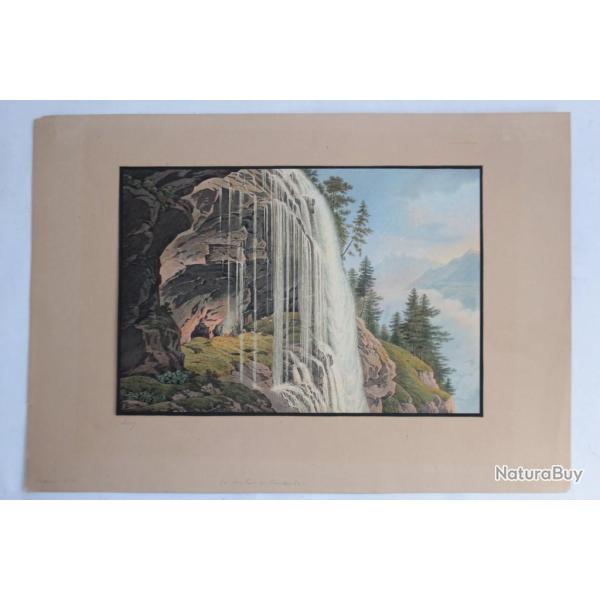 Aquatinte aquarelle Gabriel I LORY Cascade du Staubbach Suisse