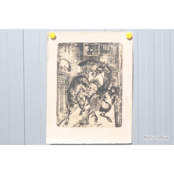 HANS ERNI Lithographie originale Chevaux ch�teau La Sarraz 1958