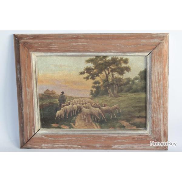 Tableau Peinture � l'huile Berger et son troupeau Moutons A Menegaux