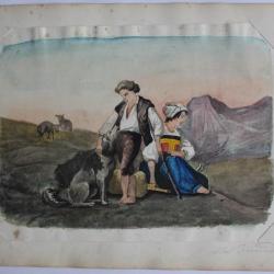 Aquarelle originale Albert Jeanrenaud Bergers Alpes Suisse