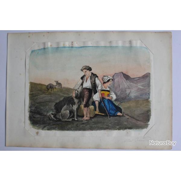 Aquarelle originale Albert Jeanrenaud Bergers Alpes Suisse