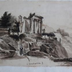 Dessin original Lavis Albert Jeanrenaud Temple de Vesta Italie