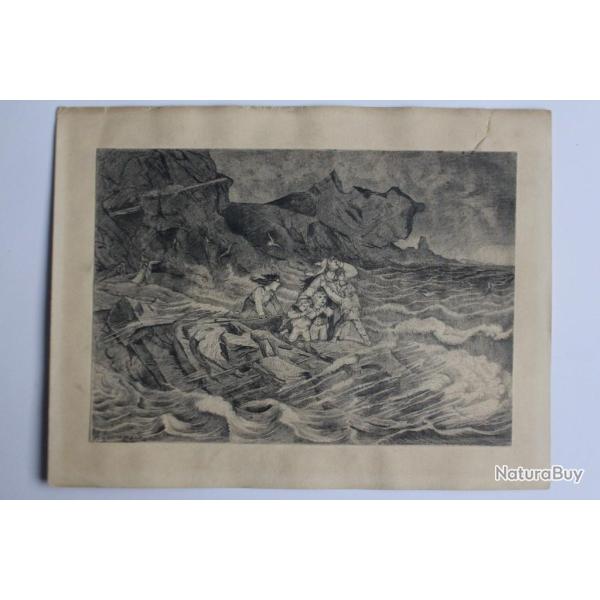 Dessin original Albert Jeanrenaud Temp�te en mer Suisse