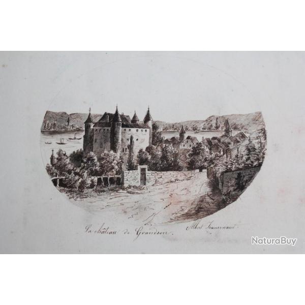 Dessin original Albert Jeanrenaud Ch�teau de Grandson Suisse