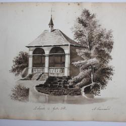 Dessin original Lavis Albert Jeanrenaud Chapelle Guillaume Tell Suisse