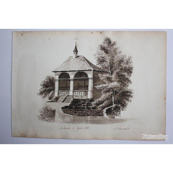 Dessin original Lavis Albert Jeanrenaud Chapelle Guillaume Tell Suisse