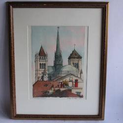 Aquarelle originale Enrico Pestalozzi Cathédrale de Genève 1992 Suisse