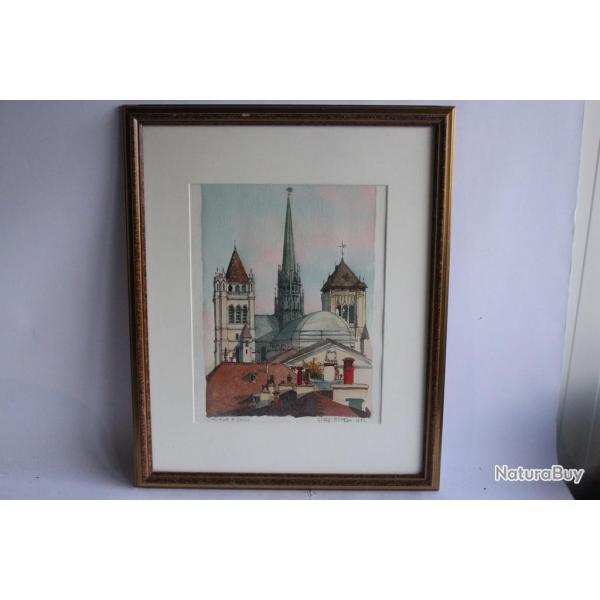 Aquarelle originale Enrico Pestalozzi Cathdrale de Genve 1992 Suisse