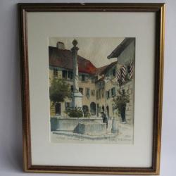 Aquarelle originale Enrico Pestalozzi Village romand 1992 Suisse