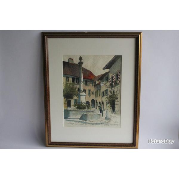 Aquarelle originale Enrico Pestalozzi Village romand 1992 Suisse