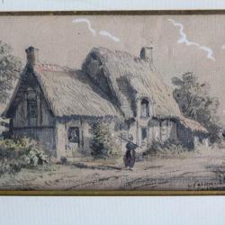 Aquarelle originale Louis J.B. MOULLIN Fermière à Canapville Normandie