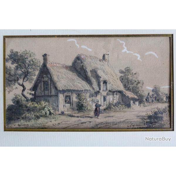Aquarelle originale Louis J.B. MOULLIN Fermire  Canapville Normandie