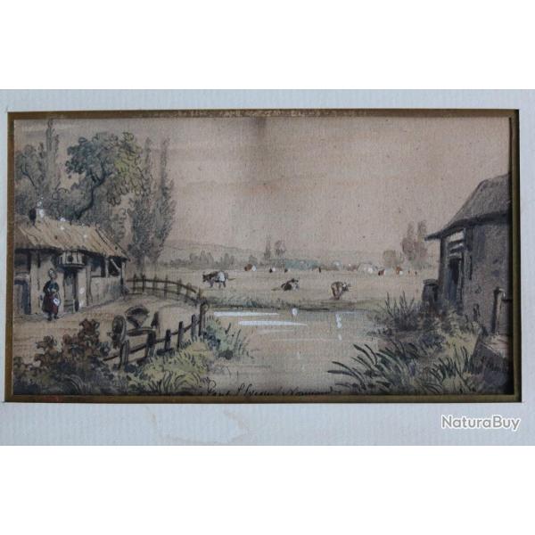 Aquarelle originale Louis J.B. MOULLIN Pont-l'vque Normandie