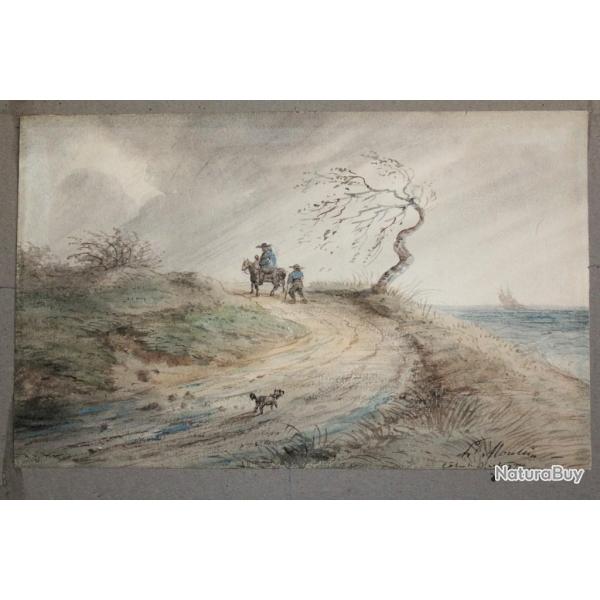 Aquarelle originale Louis J.B. MOULLIN Ctes de Bretagne