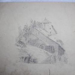 Dessin original François DIDAY ou Alexandre CALAME Moulin à eau