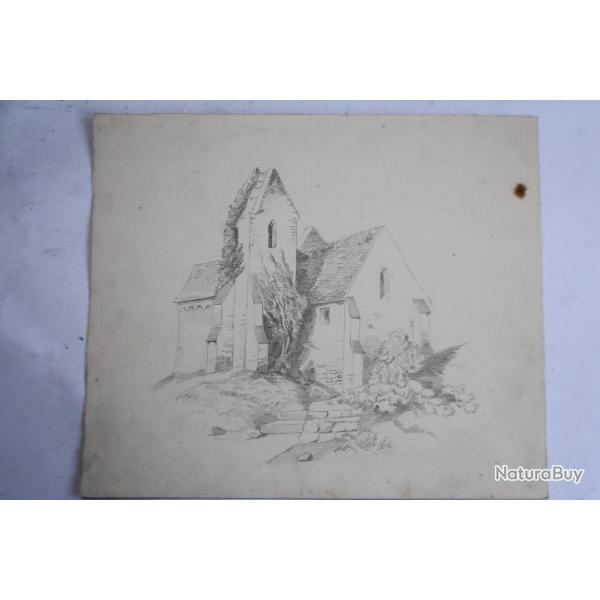 Dessin original Fran�ois DIDAY ou Alexandre CALAME Chapelle alpine