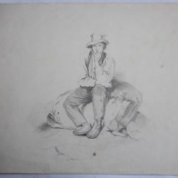 Dessin original François DIDAY ou Alexandre CALAME Homme assis