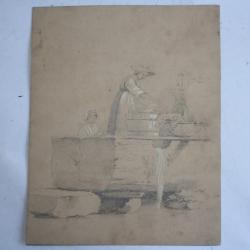 Dessin original François DIDAY ou Alexandre CALAME Femme lavoir