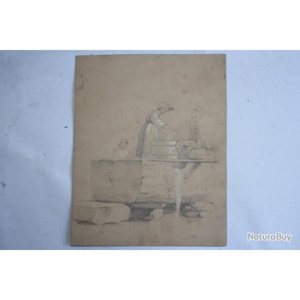 Dessin original Fran�ois DIDAY ou Alexandre CALAME Femme lavoir