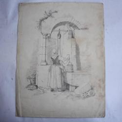 Dessin original François DIDAY ou Alexandre CALAME Femme au puits