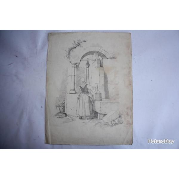 Dessin original Fran�ois DIDAY ou Alexandre CALAME Femme au puits
